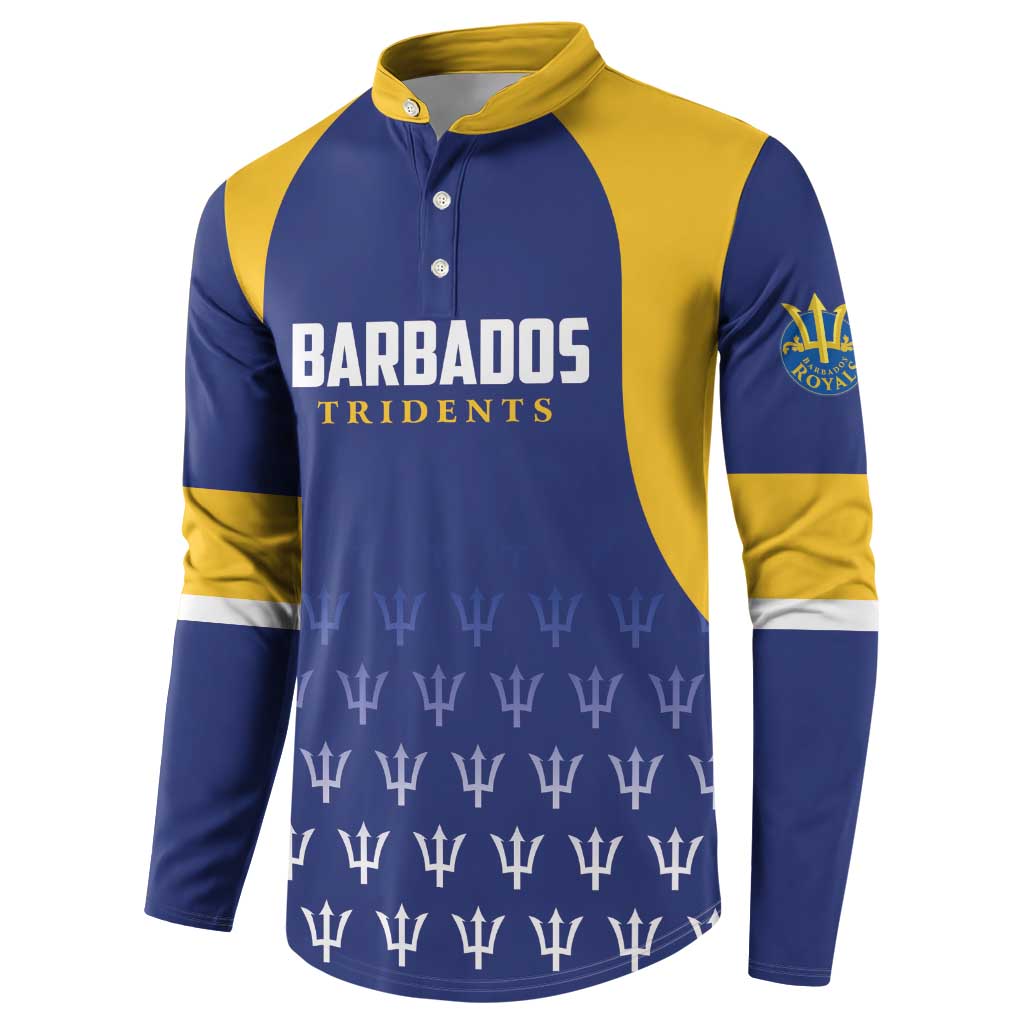 Blue and yellow cricket button sweatshirt with BARBADOS TRIDENTS logo and trophy pattern