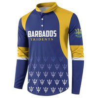 Blue and yellow cricket button sweatshirt with BARBADOS TRIDENTS logo and trophy pattern