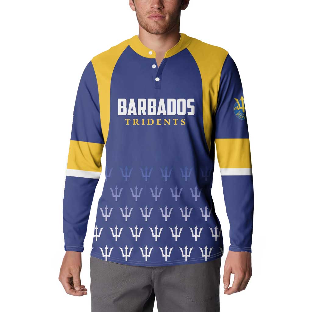Blue and yellow cricket button sweatshirt with BARBADOS TRIDENTS chest print and button collar