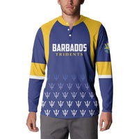 Blue and yellow cricket button sweatshirt with BARBADOS TRIDENTS chest print and button collar