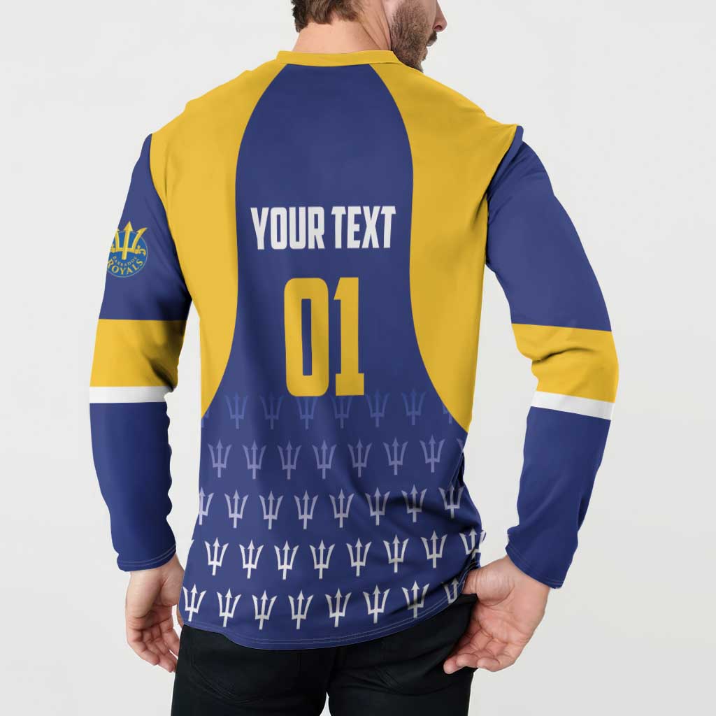 Blue and yellow cricket button sweatshirt with YOUR TEXT 01 back print and trophy motif