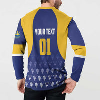 Blue and yellow cricket button sweatshirt with YOUR TEXT 01 back print and trophy motif