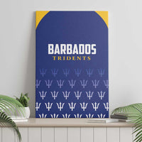 Blue canvas wall art with Barbados Tridents lettering and repeating trident icons