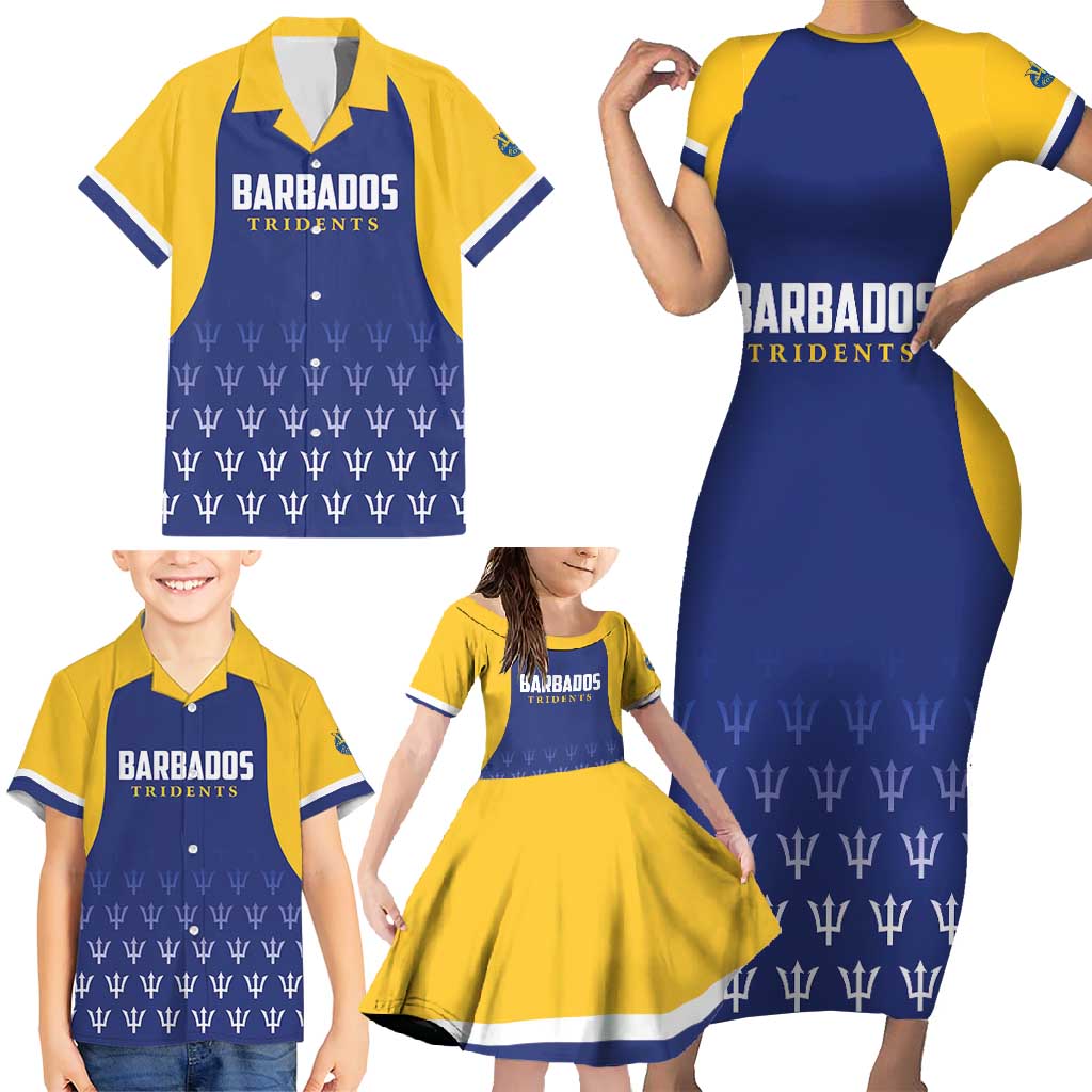 Custom Barbados Tridents Cricket Family Matching Short Sleeve Bodycon Dress and Hawaiian Shirt Go Champions - Wonder Print Shop