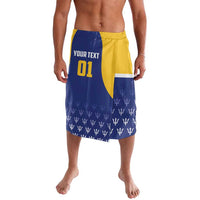 Blue and yellow cricket-style shorts with trident pattern and custom '01' panel