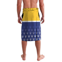 Blue and yellow cricket-style shorts with trident pattern and centered waistband print