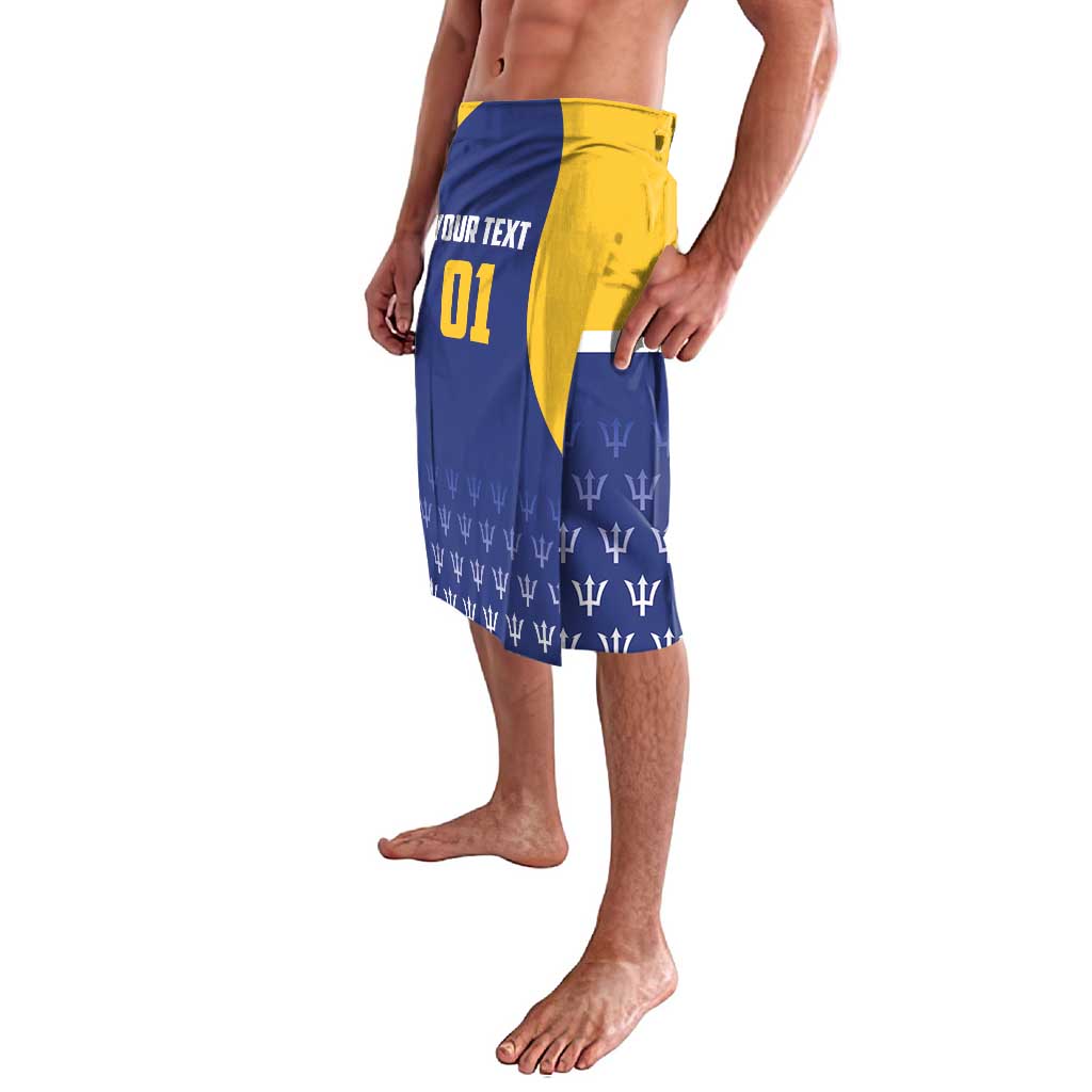 Blue and yellow cricket-style shorts with trident pattern and side '01' custom panel