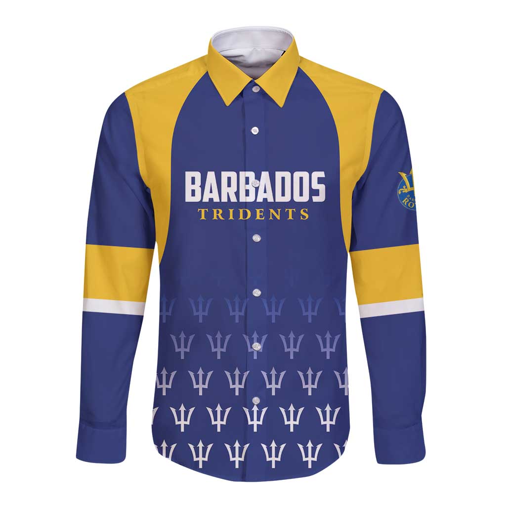 Blue/yellow long-sleeve button cricket shirt with Barbados Tridents front graphic