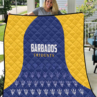 Cricket quilt with Barbados Tridents logo, blue and yellow quilted blanket
