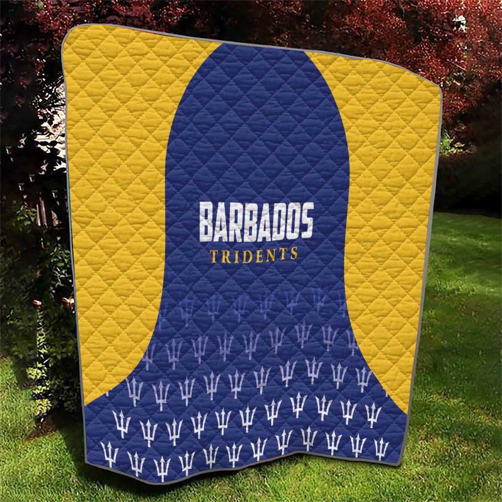 Quilted cricket blanket with Barbados Tridents text and emblem, blue and yellow