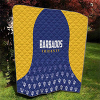 Quilted cricket blanket with Barbados Tridents text and emblem, blue and yellow