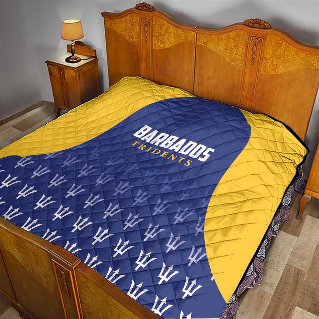 Cricket quilt on bedspread, blue and yellow with Barbados Tridents logo