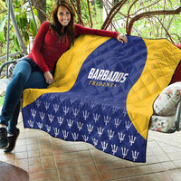 Cricket quilt held outdoors, blue and yellow with Barbados Tridents logo
