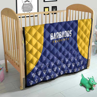 Cricket quilt on baby bed, blue and yellow with Barbados Tridents logo