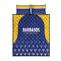 Cricket quilt bed set with Barbados Tridents logo, blue quilt with yellow side panels
