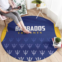 Round blue cricket carpet featuring Barbados Tridents logo and repeating trident icons