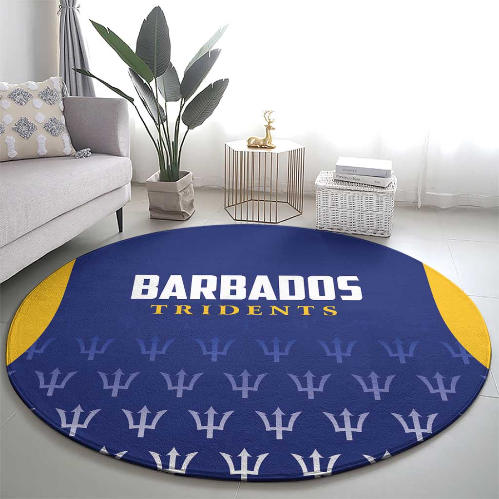 Round blue carpet with Barbados Tridents lettering and scattered trident emblem pattern
