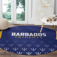 Round blue cricket carpet with Barbados Tridents wordmark and trident icon border
