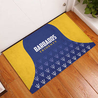 Yellow and navy cricket rubber doormat with Barbados Tridents text and repeating cup icons
