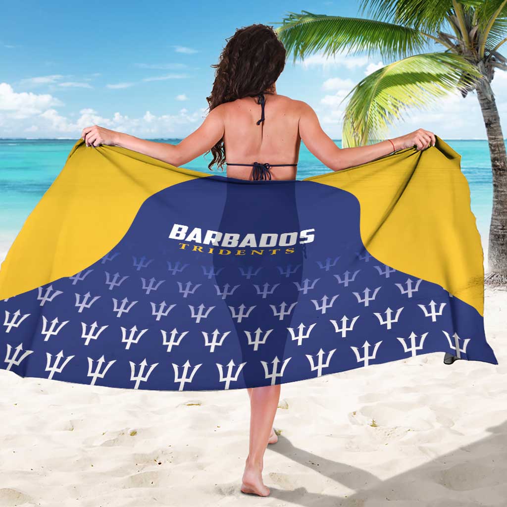 Cricket sarong spread wide: navy and yellow with Barbados Tridents text and bat motifs