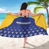 Cricket sarong spread wide: navy and yellow with Barbados Tridents text and bat motifs