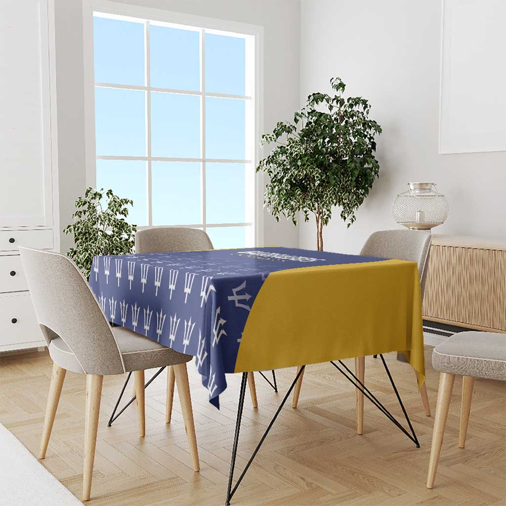 Barbados Tridents tablecloth with blue trident pattern and yellow runner on dining table