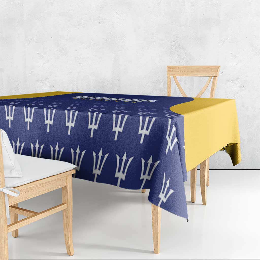 Barbados Tridents tablecloth on wooden bench, blue with white trident motifs and yellow corner