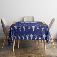 Barbados Tridents tablecloth, blue top with repeating white tridents and yellow edging