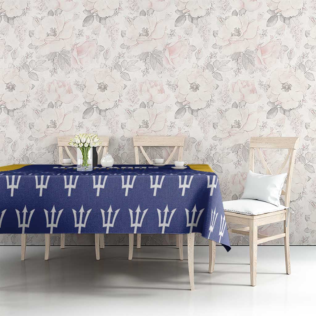 Barbados Tridents cricket tablecloth, blue with white tridents and yellow stripe on dining set