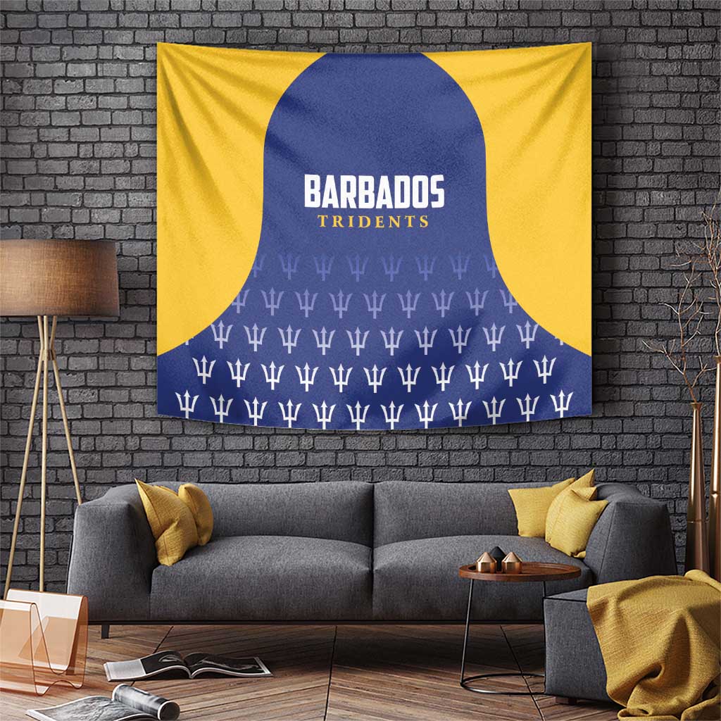 Barbados Tridents cricket tapestry with yellow-blue trident pattern and team logo