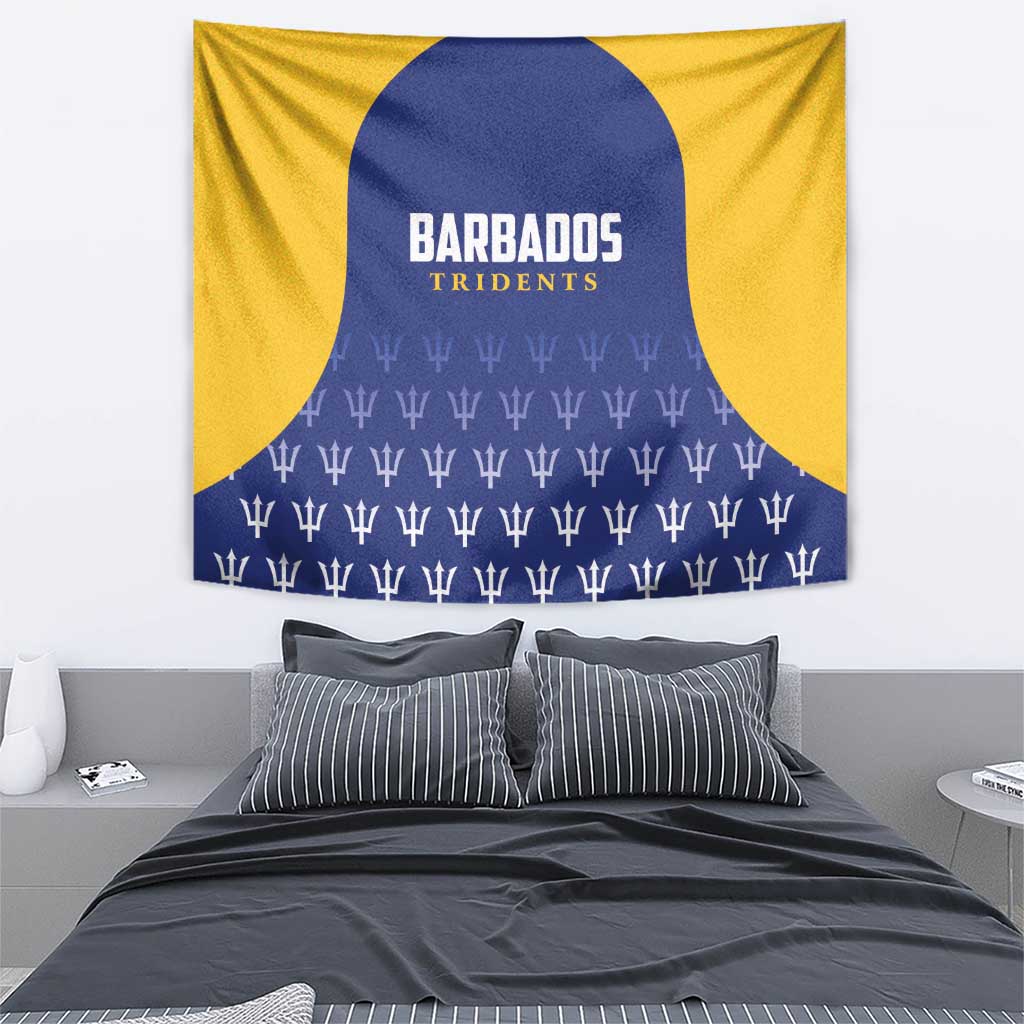 Cricket tapestry wall hanging in yellow and navy with repeating trident icons and logo