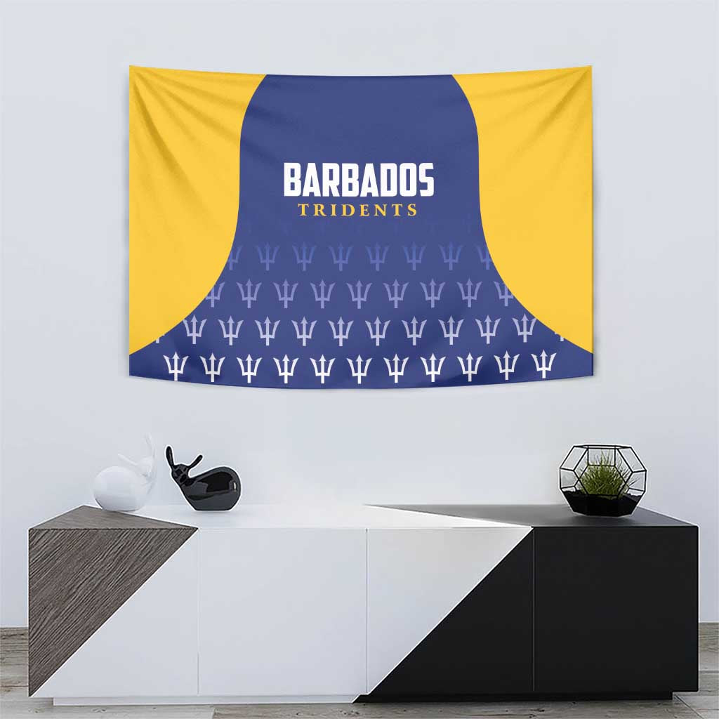 Cricket tapestry with yellow field, navy wave, and repeating trident icons