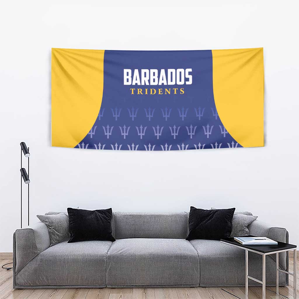 Cricket tapestry with yellow and navy center panel and BARBADOS TRIDENTS logo