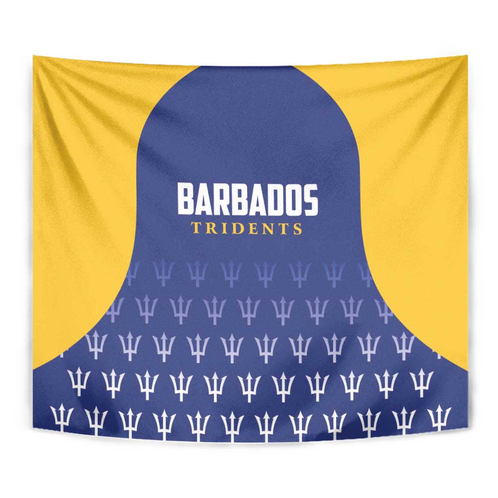 Close-up cricket tapestry showing navy trident row and BARBADOS TRIDENTS team logo