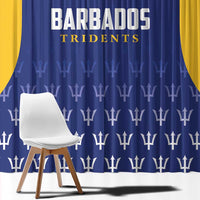 Blue cricket window curtain panel with white trophy icon repeat and centered logo text