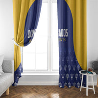 Hanging blue and yellow window curtain panels with white trophy pattern on both sides