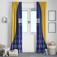 Blue and yellow cricket window curtains with white trophy icon repeat and full-length panels