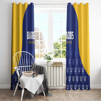 Blue and yellow hanging window curtain panels with white trophy icons and logo print