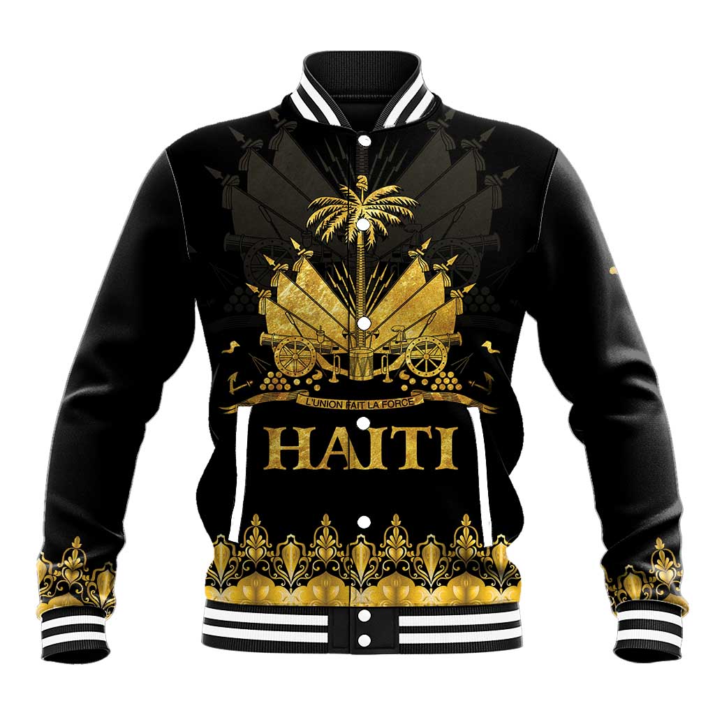 Black gold baseball jacket with striped collar and bold Haiti front graphic