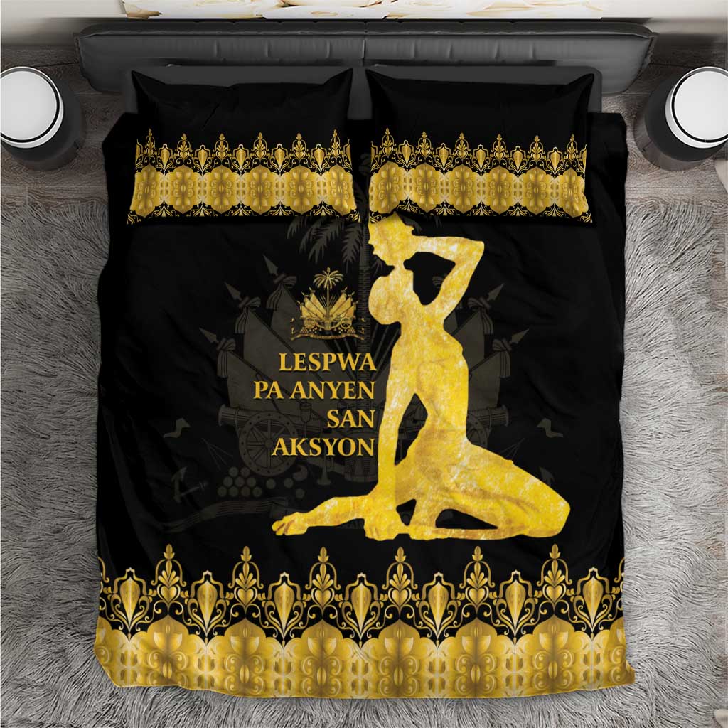 Black and gold bedding set with two matching pillows and ornate border design