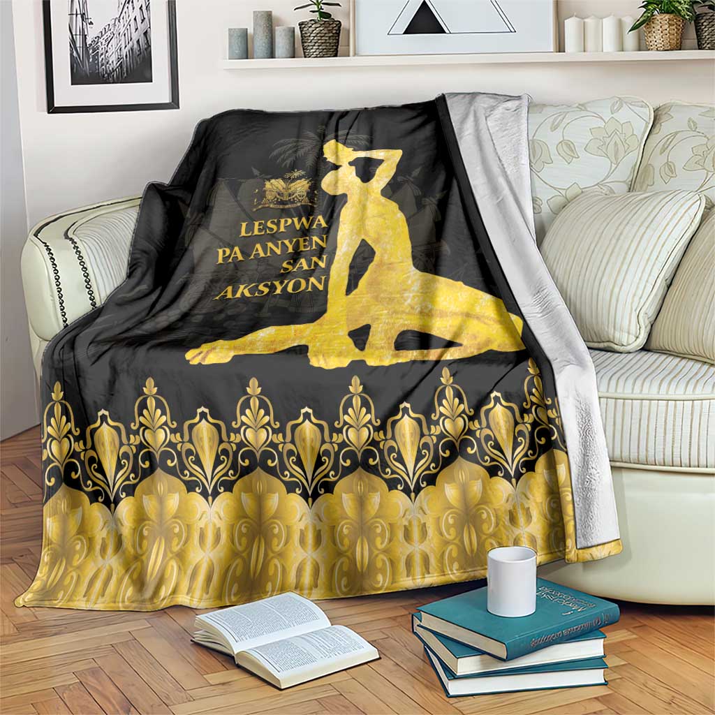 Gold and black printed blanket with standing silhouette and ornate gold border