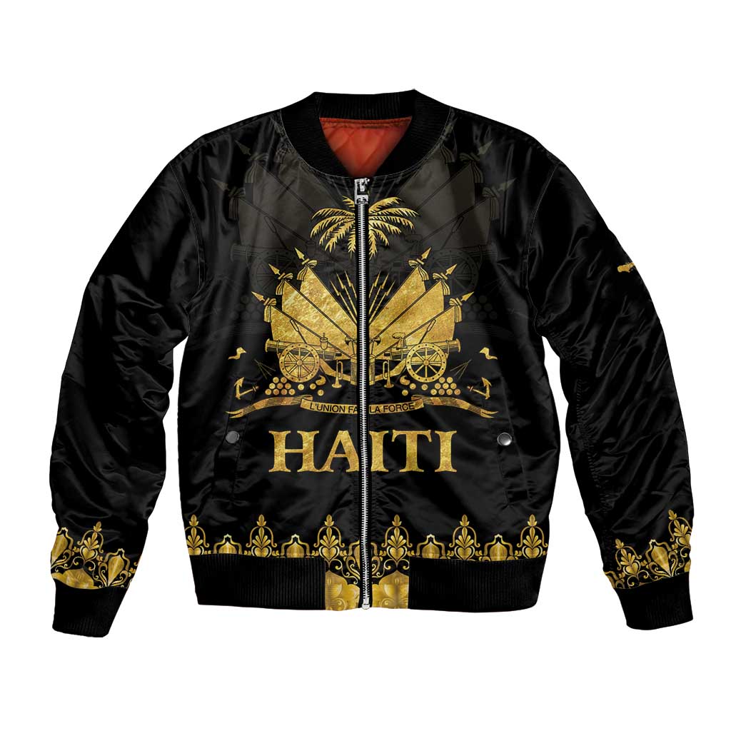 Unisex bomber jacket with gold zipper and HAITI graphic front
