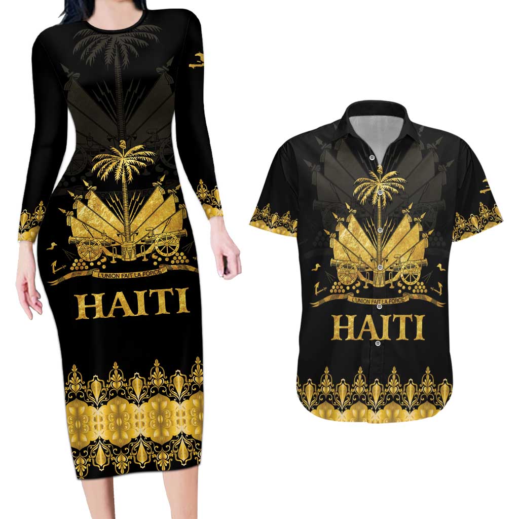 Haiti Neg Marron Gold Couples Matching Long Sleeve Bodycon Dress and Hawaiian Shirt Lespwa pa anyen san aksyon - Wonder Print Shop