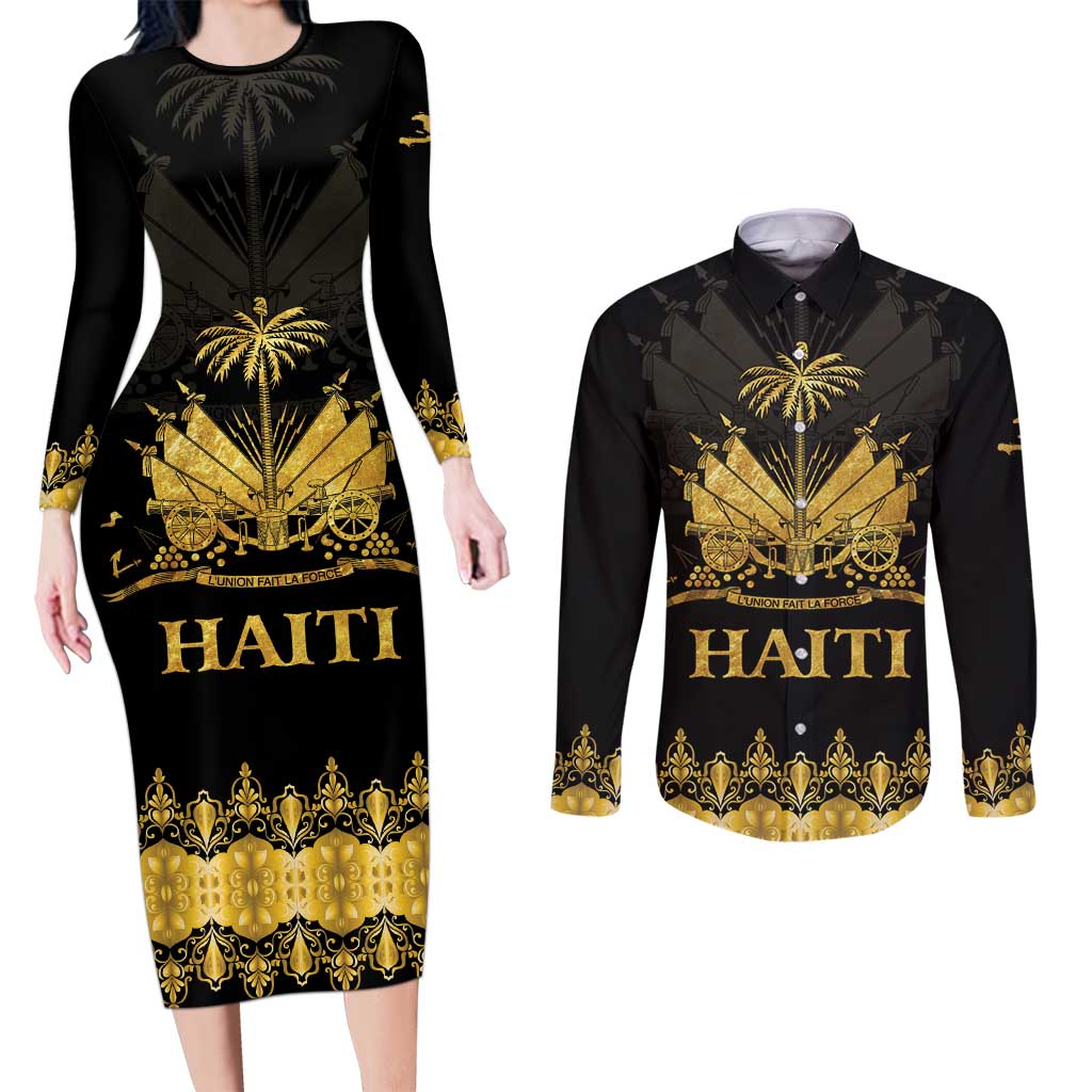 Haiti Neg Marron Gold Couples Matching Long Sleeve Bodycon Dress and Long Sleeve Button Shirt Lespwa pa anyen san aksyon - Wonder Print Shop