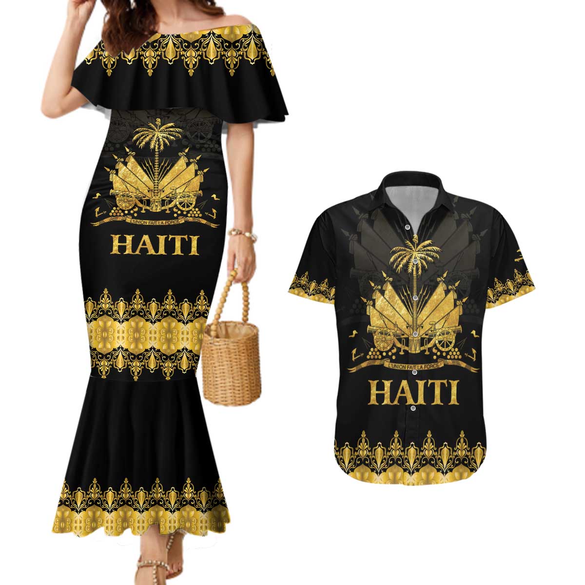 Haiti Neg Marron Gold Couples Matching Mermaid Dress and Hawaiian Shirt Lespwa pa anyen san aksyon - Wonder Print Shop