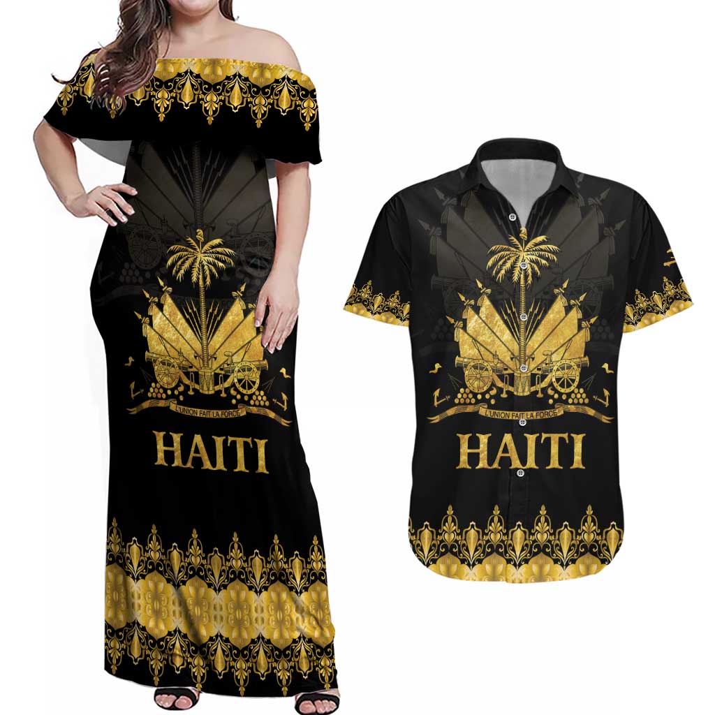 Haiti Neg Marron Gold Couples Matching Off Shoulder Maxi Dress and Hawaiian Shirt Lespwa pa anyen san aksyon - Wonder Print Shop