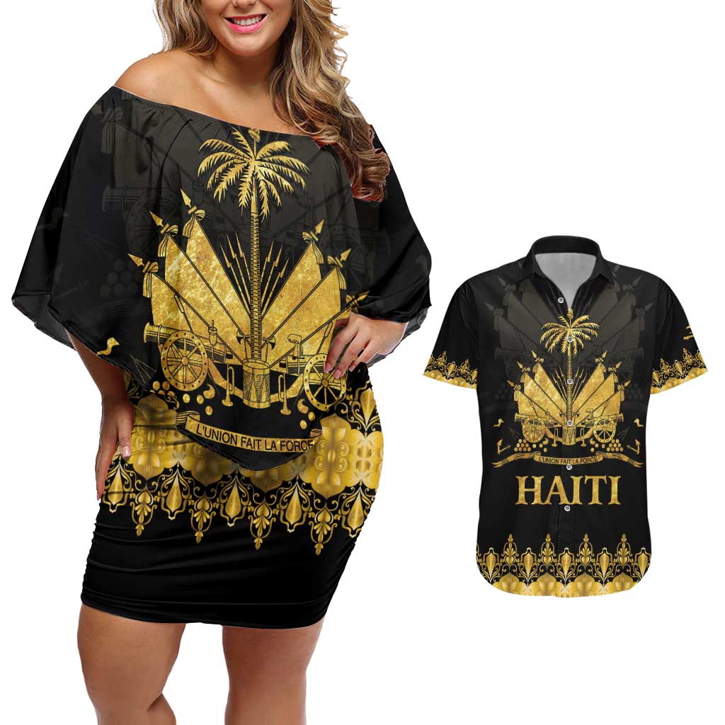 Haiti Neg Marron Gold Couples Matching Off Shoulder Short Dress and Hawaiian Shirt Lespwa pa anyen san aksyon - Wonder Print Shop