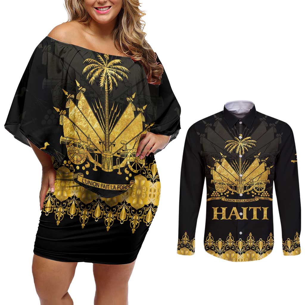 Haiti Neg Marron Gold Couples Matching Off Shoulder Short Dress and Long Sleeve Button Shirt Lespwa pa anyen san aksyon - Wonder Print Shop