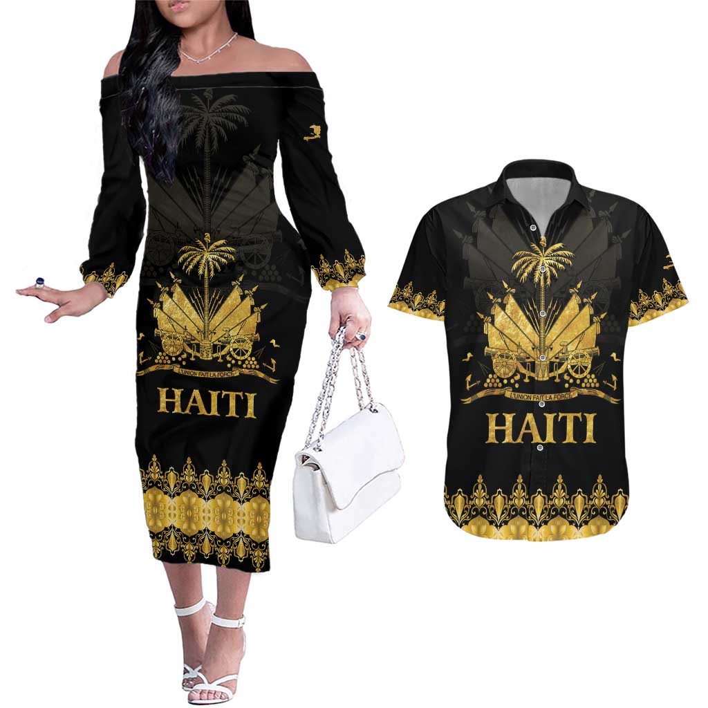 Haiti Neg Marron Gold Couples Matching Off The Shoulder Long Sleeve Dress and Hawaiian Shirt Lespwa pa anyen san aksyon - Wonder Print Shop