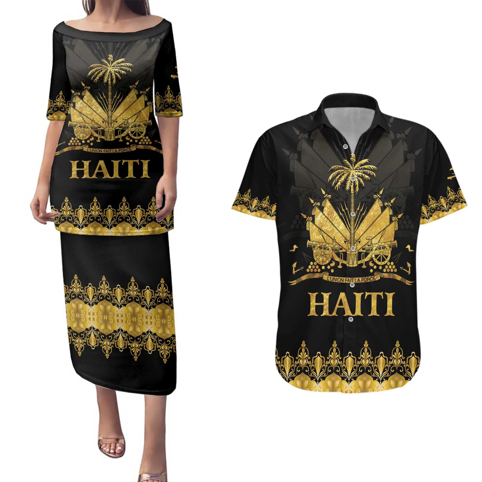 Haiti Neg Marron Gold Couples Matching Puletasi and Hawaiian Shirt Lespwa pa anyen san aksyon - Wonder Print Shop